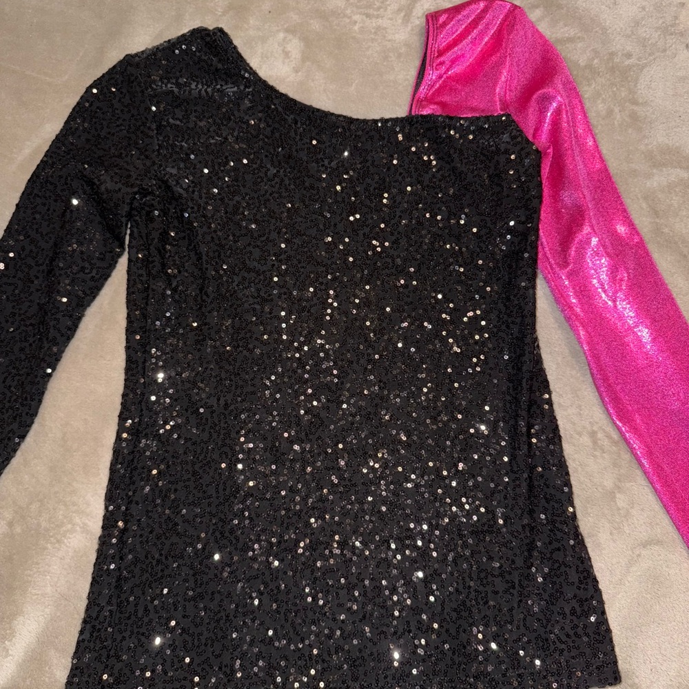 One-Shoulder Sequin Dance Top with Pink Metallic Sleeve